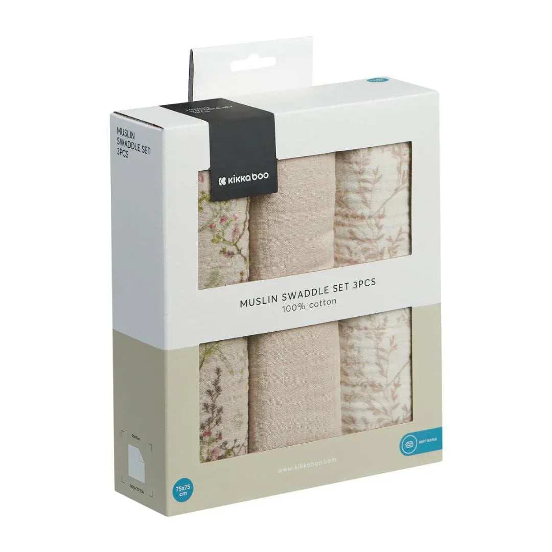 KikkaBoo® Muslin swaddle set 3 pcs 75x75 cm Secret Garden Beige - Image 3