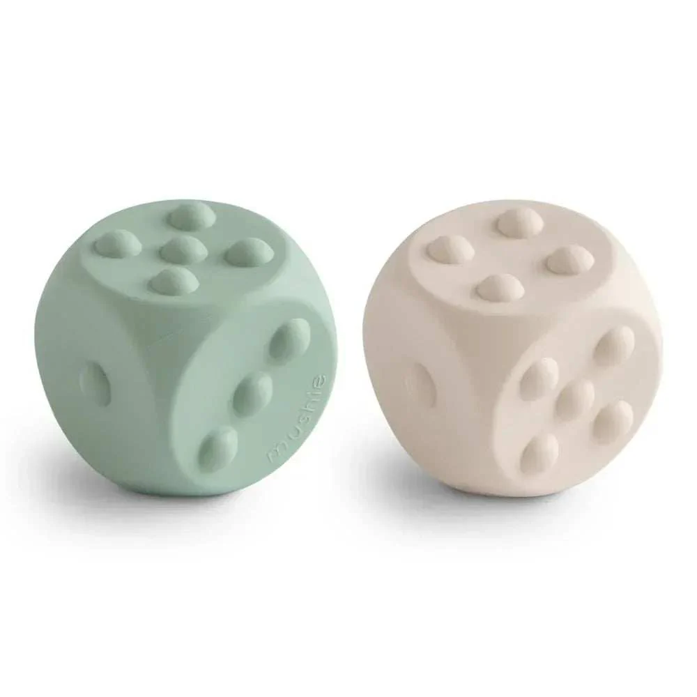Mushie® Dice Press Toy 2-pack Cambridge Blue/Shifting Sands